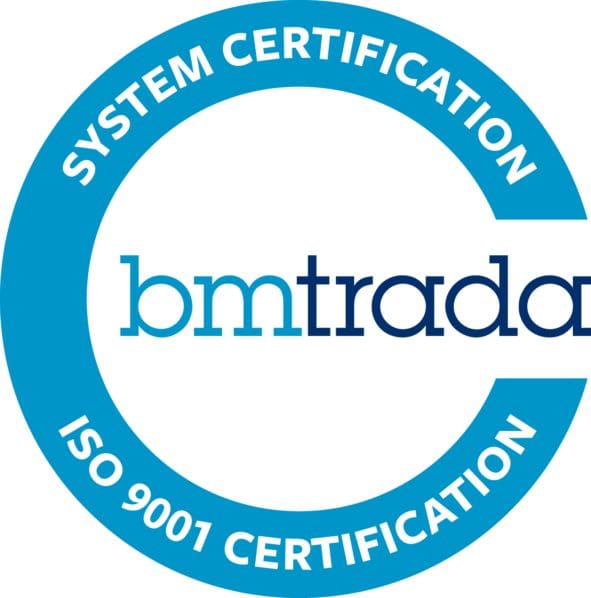 A circular, blue, logo for the bmtrada system certification. ISO 9001.