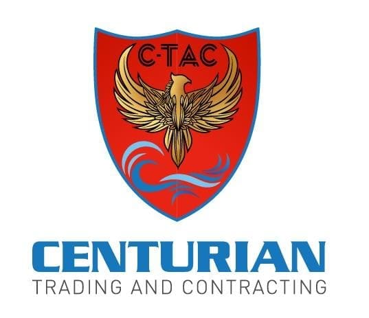 The red shield logo features a bronze phoenix for Centurian Trading and Contracting.