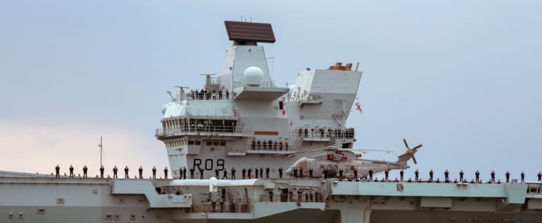 Portsmouth, England, UK, 2021, HMS Queen Elizabeth. Departing the harbor in Portsmouth.